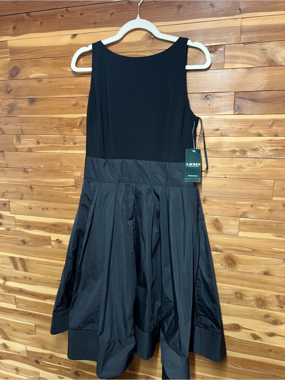 Lauren Ralph Lauren Evening Dress Women 12 Black NEW Mixed Media Midi V-Back - Picture 2 of 7